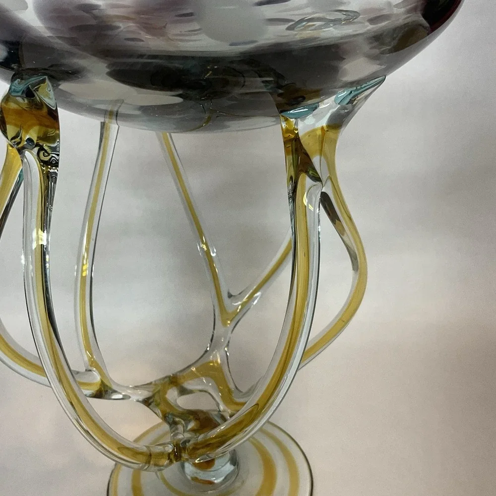 Vintage Jozefina Krosno Poland Cobalt Art Glass Jellyfish Pedestal Bowl 9